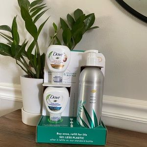 2 Dove body wash concentrates with reusable for life aluminum bottle